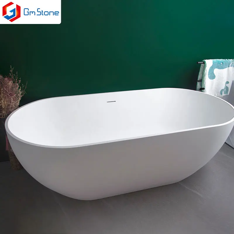 GM Luxury 1.5m White Oval Resin Artificial Stone Freestanding Bathtub Modern Romantic Design with Overflow for Hotel Soaking