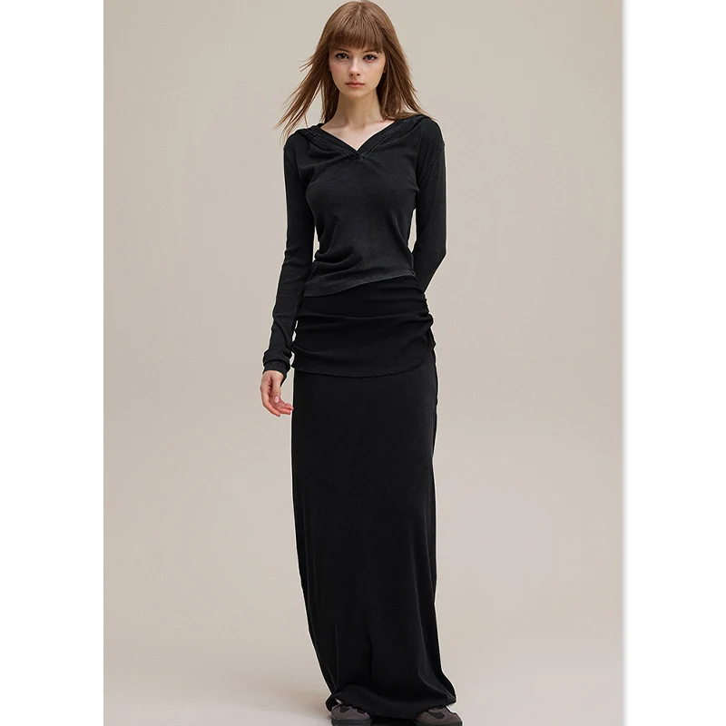 AU Custom 2025 Fall Collection Women's Casual Cotton V-Neck Long Sleeve T-Shirt Skinny Pants Set Solid Pattern Knitting Fabric