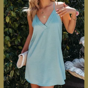 New Arrival Spaghetti Strap Sleeveless Deep V Neck Loose Mini Sexy Daily Casual Party Dresses