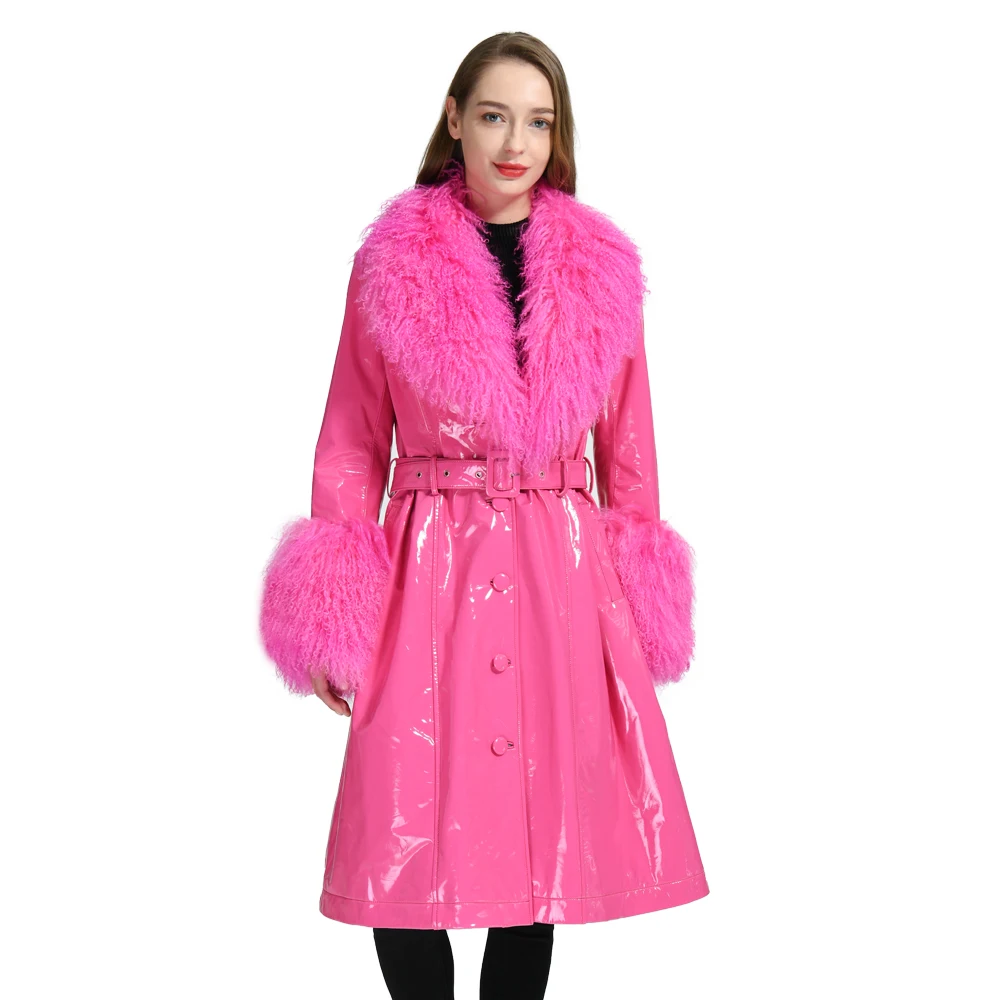 Faux Leather Jacket Pink Fur Trimmed Coat JAYLEY Pink Faux Leather