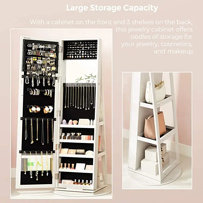 High full length mirror white Lockable rotating jewelry cabinet