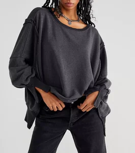 New Spring Design Women's Oversized Classic Street Wear Terry Fabric Waterproof Raw Stitching Look Side Slit Pullover Sweatshirt