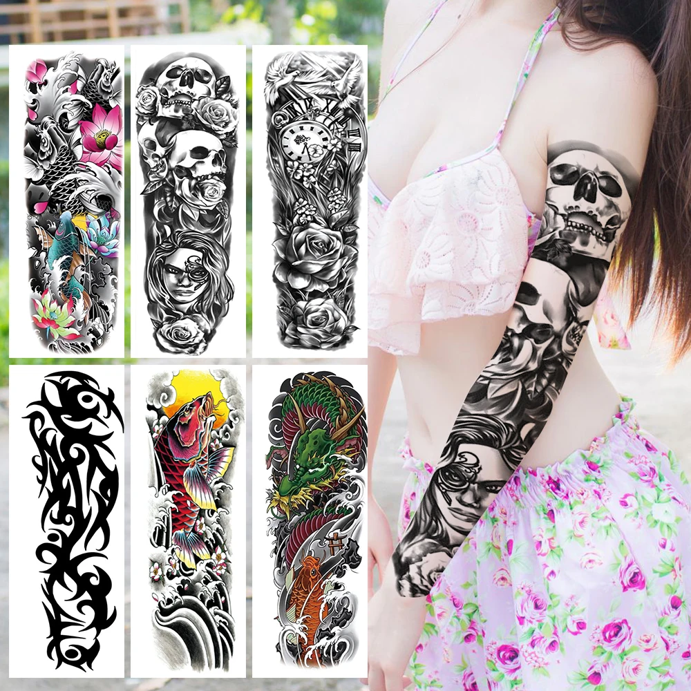 新款成人时尚全臂临时纹身贴纸袖白色卡通战士设计限时提供人体艺术印花| Alibaba.com, image size:1000x1000