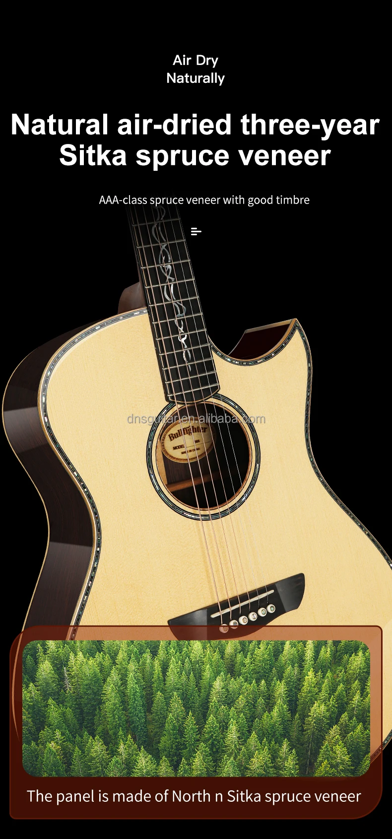 OEM Sitka-Fichtenholz Massivholz-Akustikgitarre Handgefertigte Einlegearbeit Perlmutt-Ebenholz-Griffbrett Gitarre Akustikgitarre Vollmassive Gitarre Mit Tasche – Detail 4