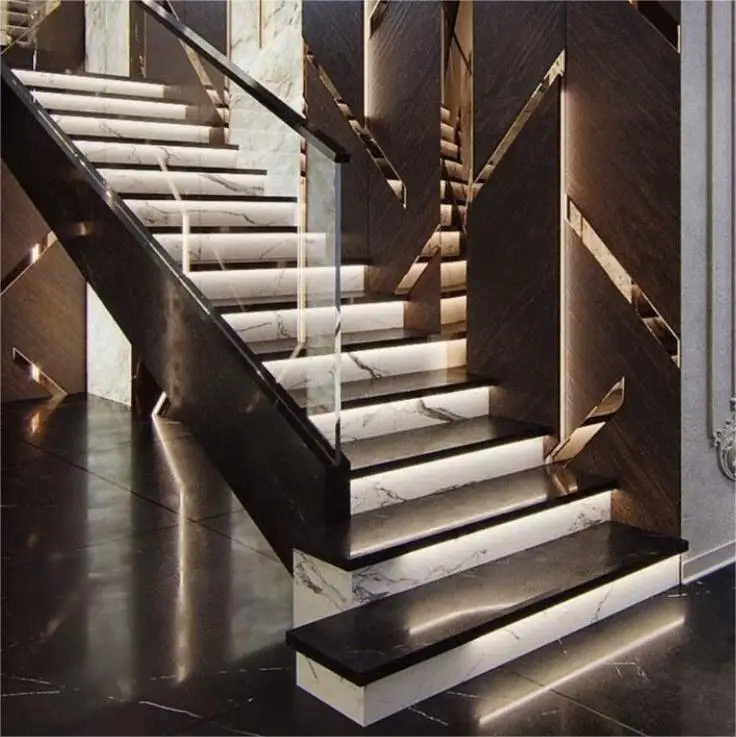 US-Australia Standard custom  granite marble staircase glass   Stainless steel handrail indoor stairs with led