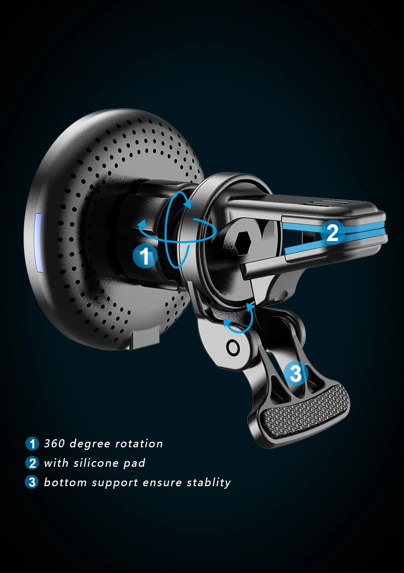 2021 New Arrivals 360 Degree Rotation Quick Charge Overvoltage Protection Wireless Car Charger Magnetic Suction