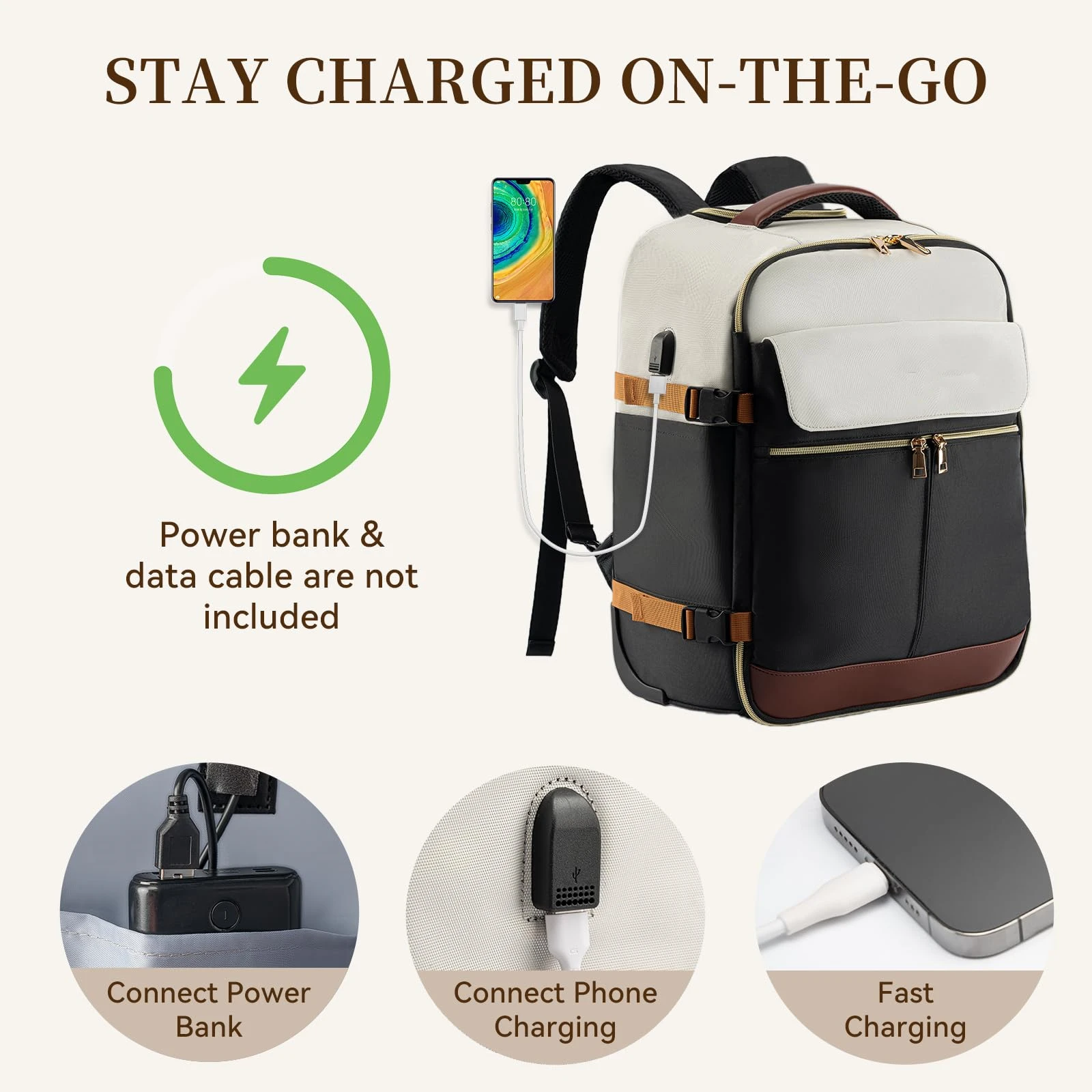 Versatile Waterproof PU Backpack with USB Charging Port Hidden Trolley Underseat Rolling Laptop Wheels for Travel Everyday Use