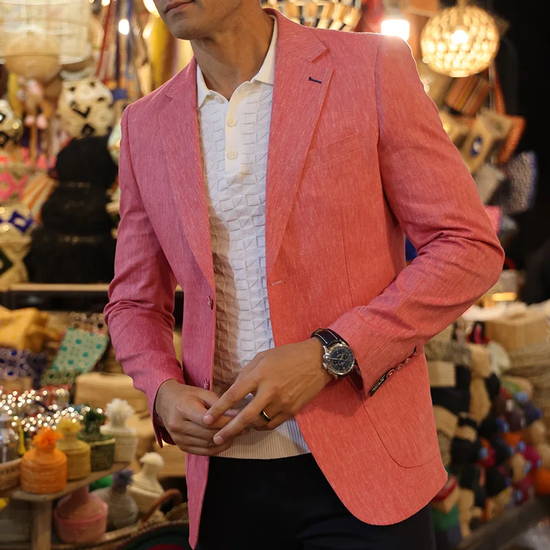 New Design Plus Size Pink Slim Fit Formal Men's Blazer For Bridegroom Wedding Tuxedos Banquet Solid Color Men Formal Suits details