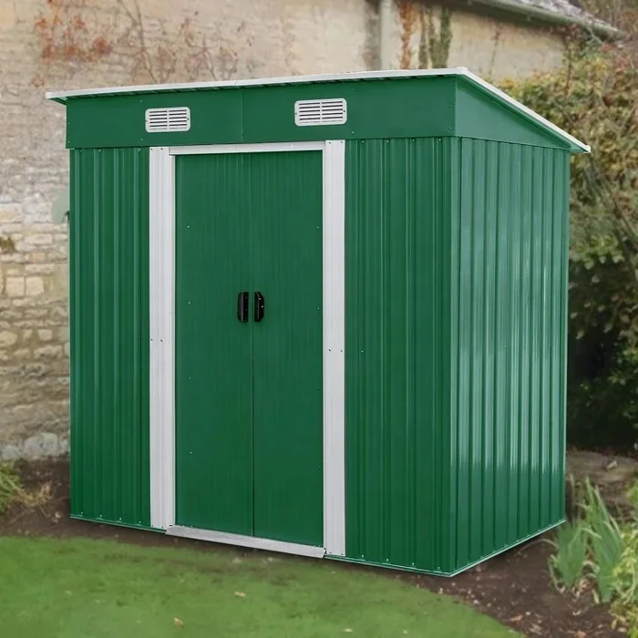 Easily Assembled Waterproof Lockable Double Sliding Doors Flat Roof Garden Metal Tool Storage Shed for Backyard Patio Poolside