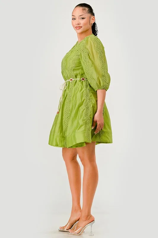 Elegant Forest-themed Lace Short Dress With Woven Technique Featuring Natural Waistline - Image 3