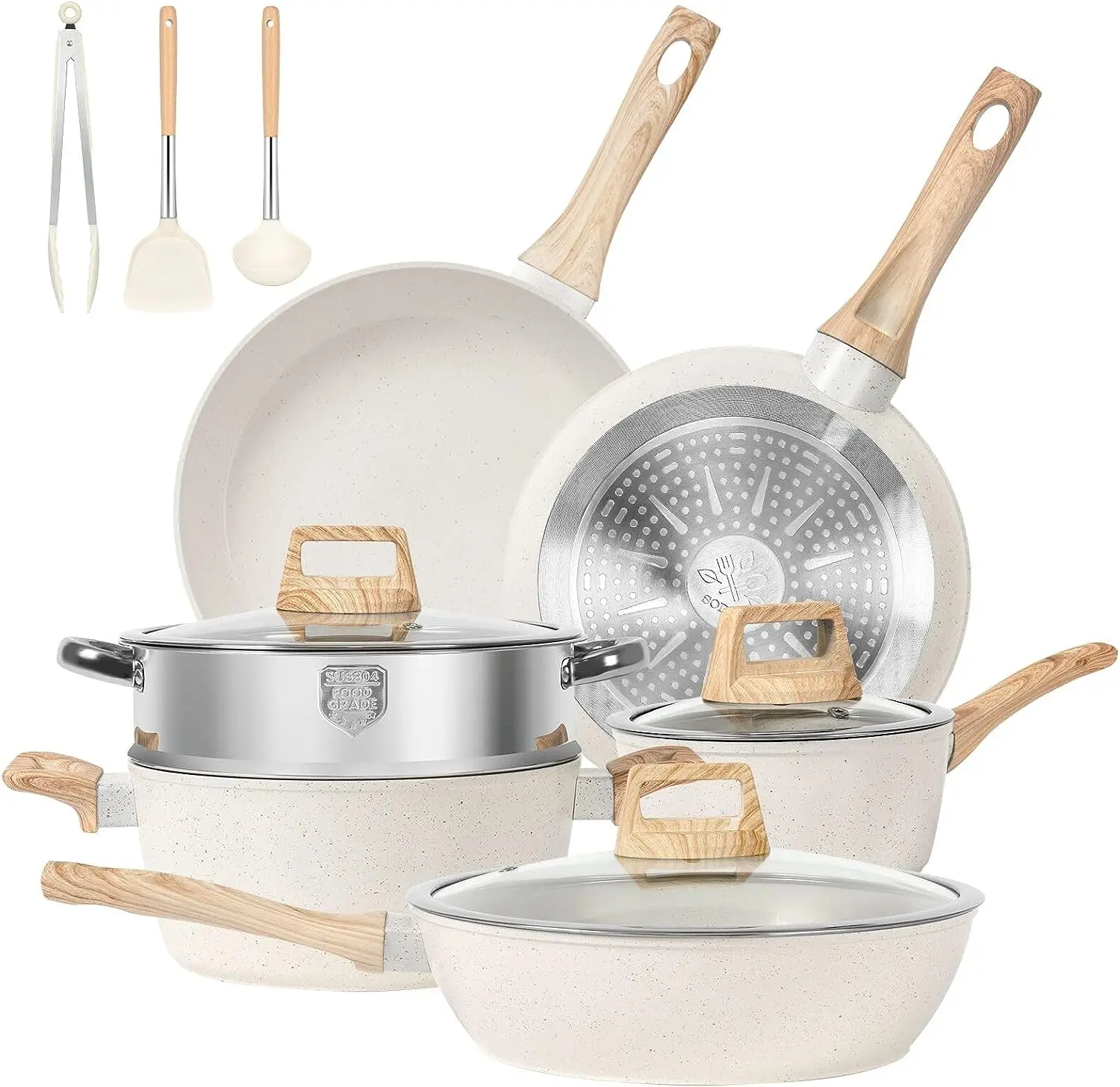 Best Selling Cookware Set Kitchenware  Set   Aluminium Marble Non Stick Cookware Set Wood Grain Soft Touch Handle
