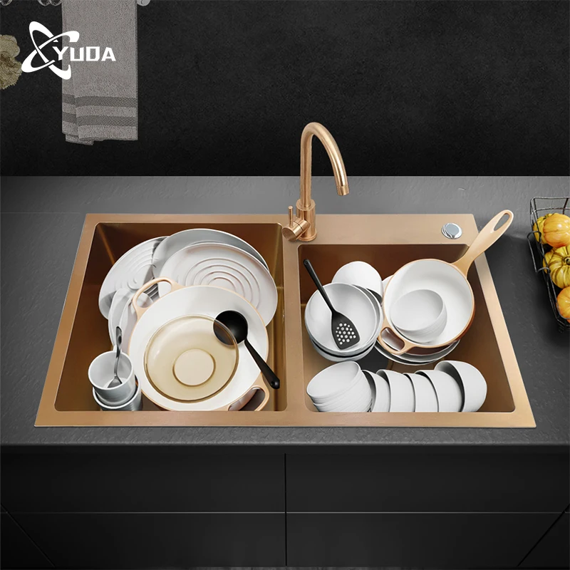YUDA Nano Rose Golden Countertop Handmade 304 Stainless Steel Double Bowl Kitchen Sink for Home Hotel Restaurant Installation