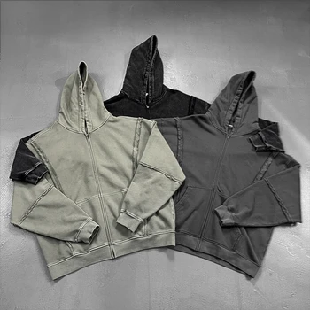Custom Heavyweight Vintage Acid Wash Zip Hoodie 100% Cotton French Terry YKK Zipper Men's Distressed Embroidery Patch Streetwear