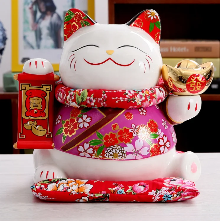 New Year Custom LOGO Porcelain 11 Inches Large Big Size Wealth Waving Hand  Ceramic Lucky  Fortune Cat Coin Piggy Bank