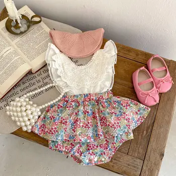 Hot selling Baby Girls summer romper lace fly sleeves one piece floral jumpsuit baby cotton clothing