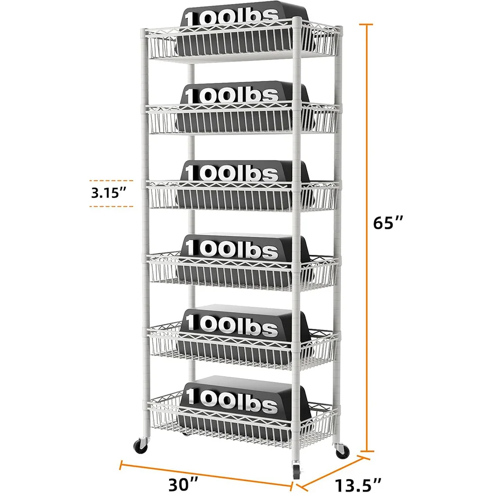 6 Tier Big Basket Shelf Wire Shelving Unit Adjustable Storage Shelves Rack for Kitchen Office Pantry Corner Metal Wheels White