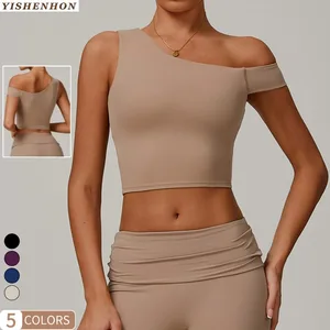YISHENHON 2026 New Product Asymmetric Yoga Vest Women Irregular Oblique Shoulder Outside Wear Running Sports Fitness Underwear