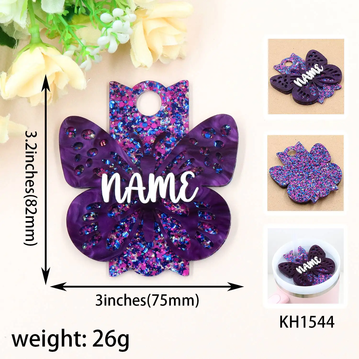 YYXCH1544 High Quality Acrylic Laser Cutting Tumbling Cup Purple Marble Butterfly Nameplate Plate for Christmas Tree Ornament details