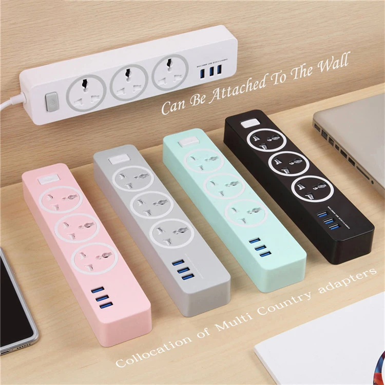 Fashion Pink Black White Color 3 Ways 3usb Port Electrical Socket Extension Board With Switch