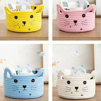 Handmade decorative cute cat small large size cotton rope basket laundry baskets with handles
