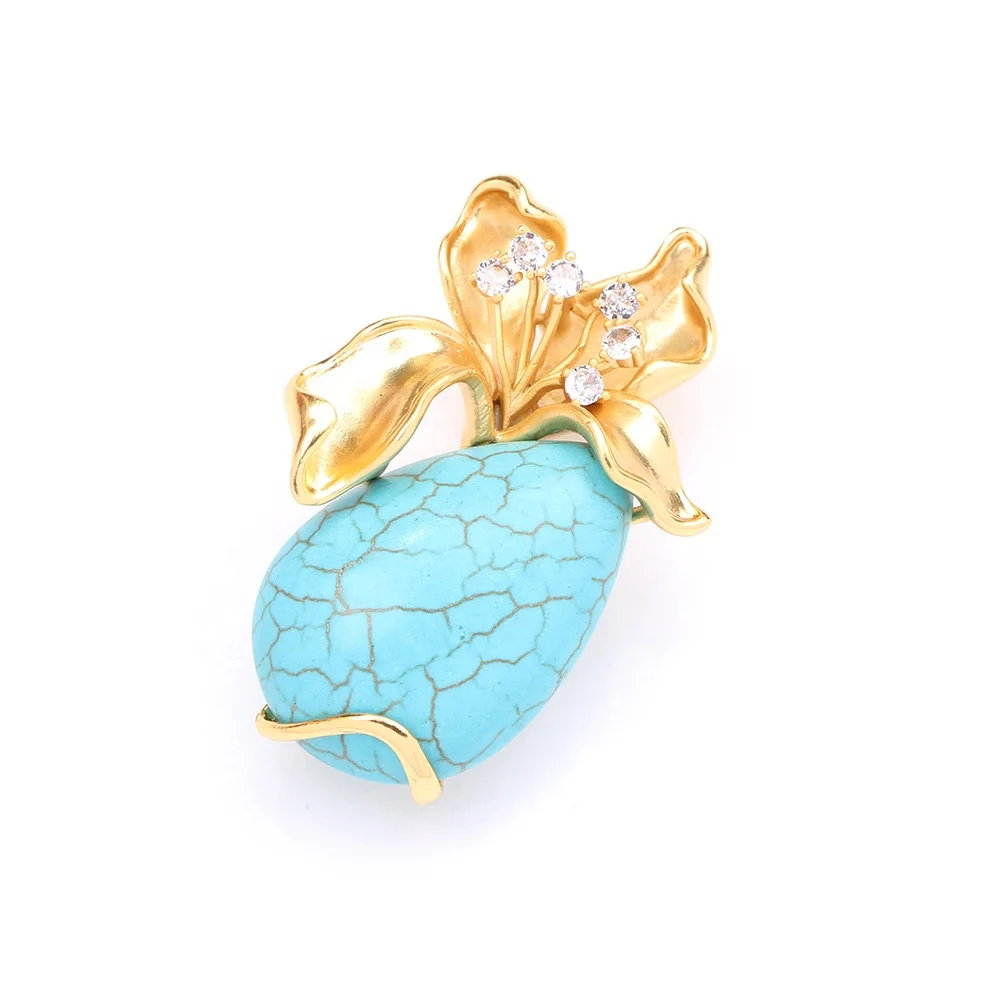 2024 New Arrival Turquoise Flower Brooch 18K Gold Plated Gem Stone Brooches Fashion Accessories Brand Gift Hijab CZ Pins