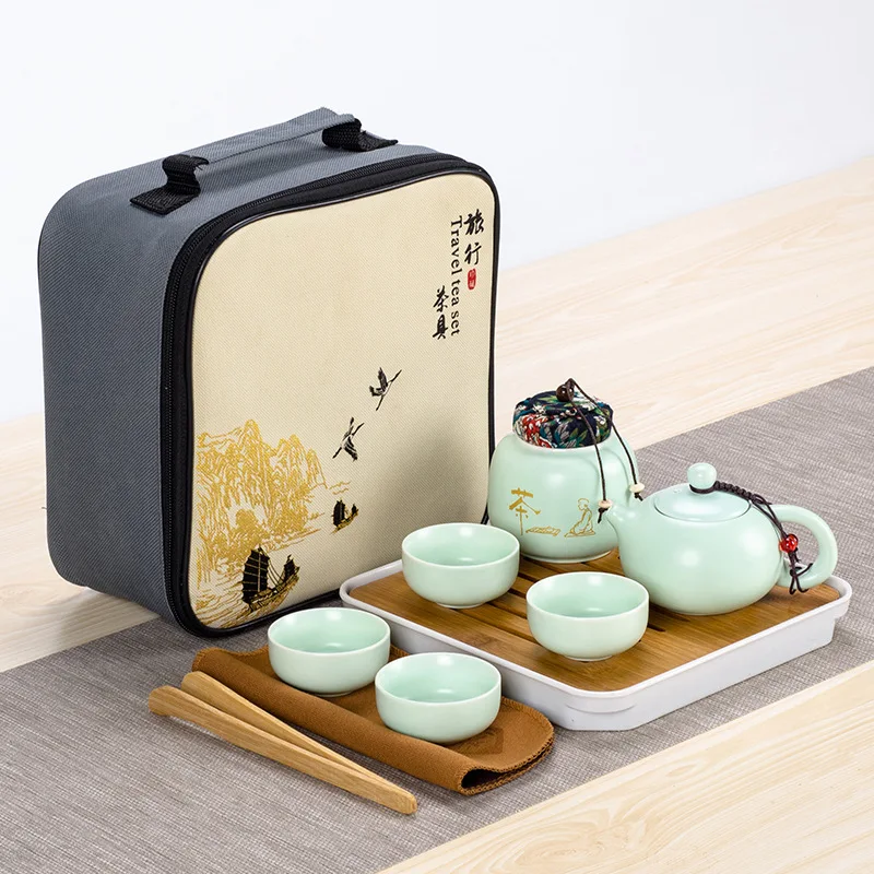 Portable Travel Tea Set Porcelain Kung Fu Tea Ware with a Teapot & 4 Teacups & T 
