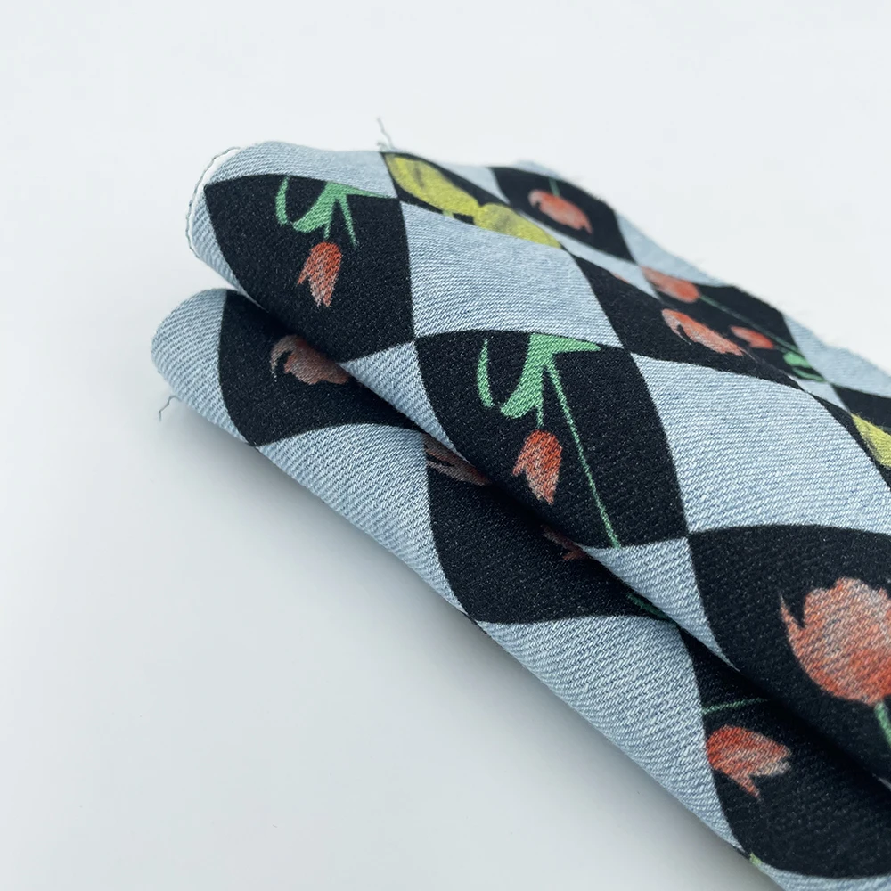 Модная хлопковая джинсовая ткань с геометрическими цветами и цифровым принтом на заказ для джинсовой юбки сумки куртки