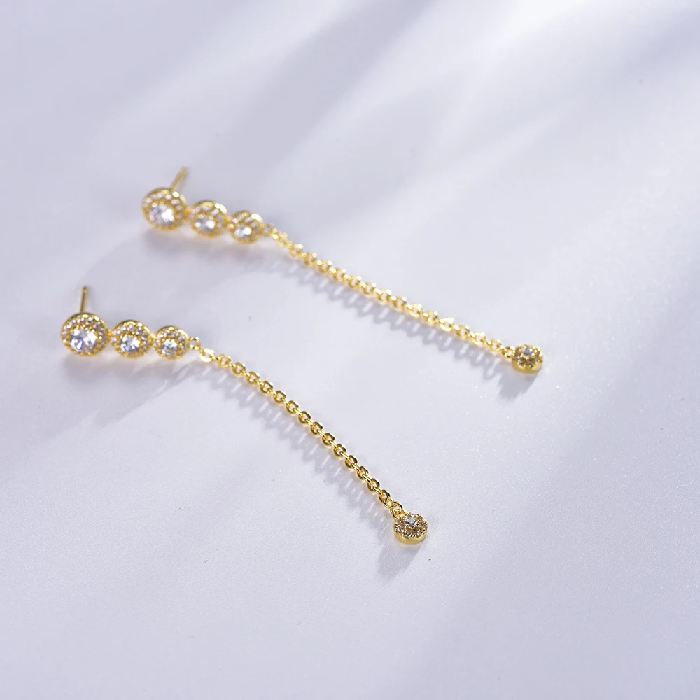 18k gold 3ball chain earring ladies luxury full diamond tassel long earrings long chain pendant earrings