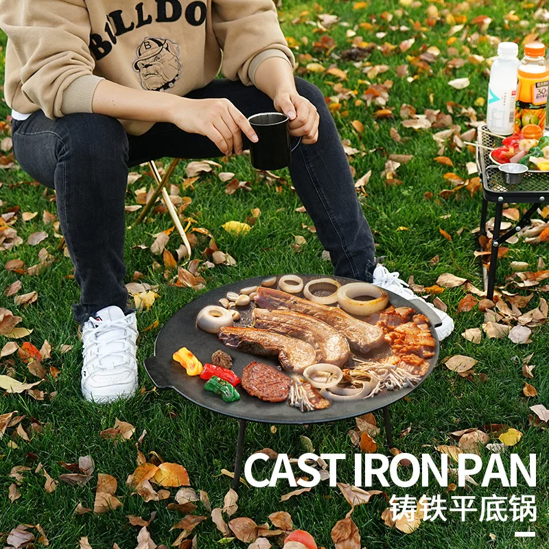 Outdoor Big Cast Iron BBQ griddle Plate Hot Plate Pans Round Shape Roast Barbecue Saucepan