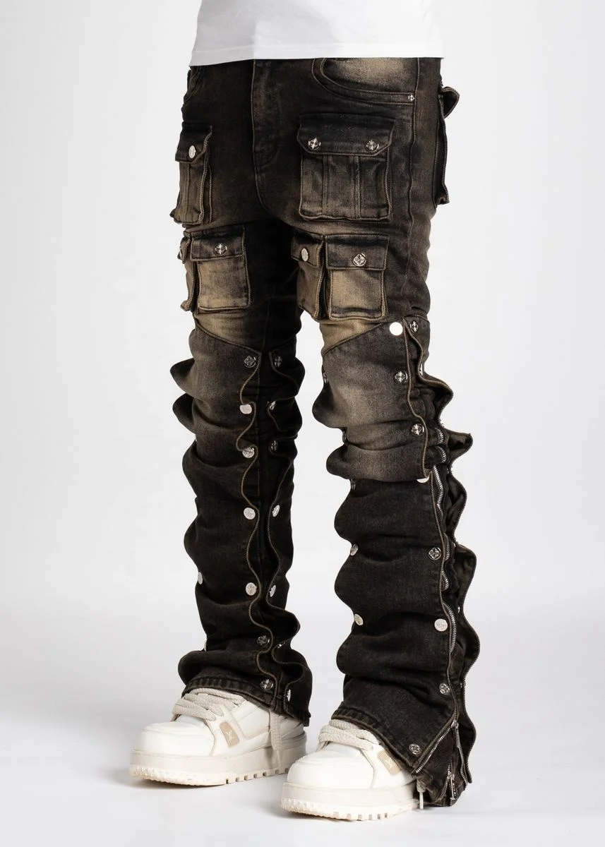 Salati Custom New Sun Faded Stone Acid Wash Boot Cut Carpenter Skinny Distressed Man Cargo Denim Pant Trousers Stacked Men Jeans gallery 3
