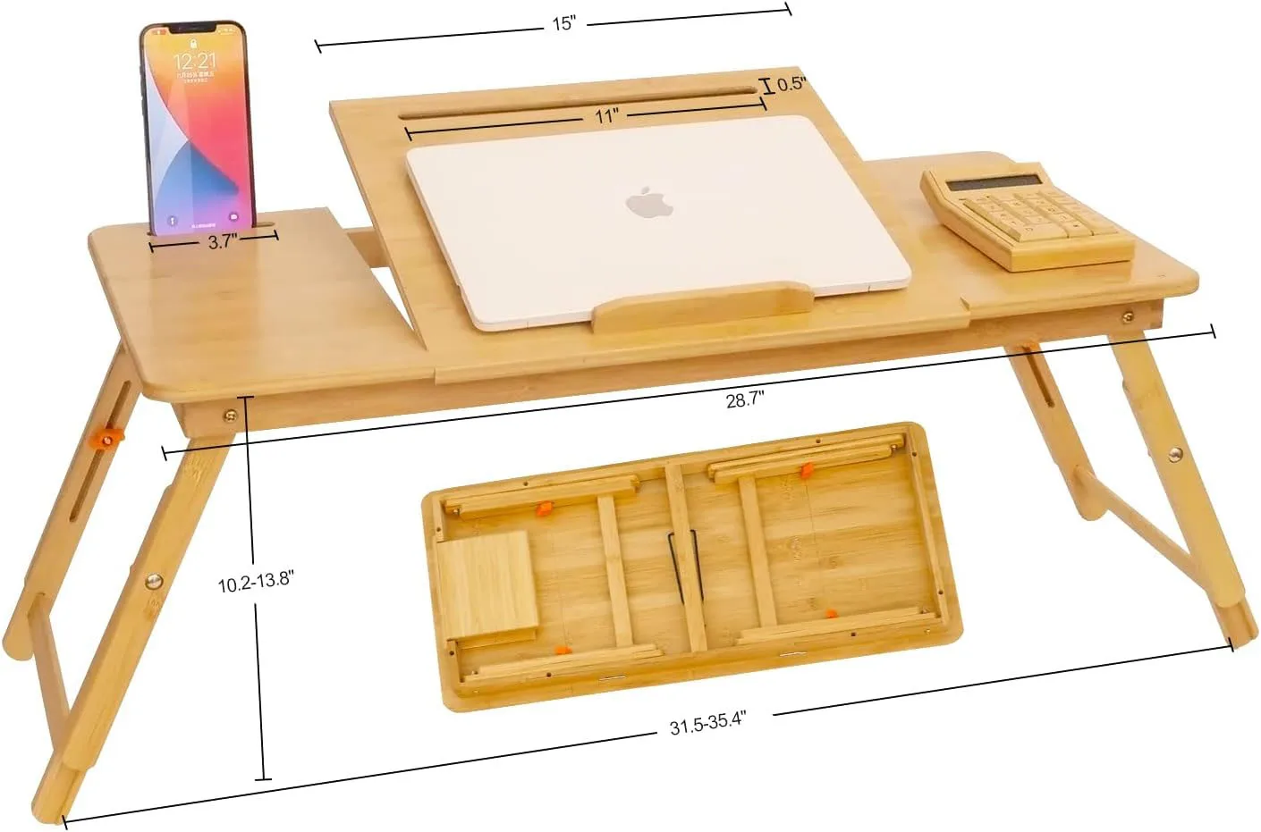 Laptop Table Bed Bamboo Table with Tablet Slot Adjustable Height Angle Foldable Storage Drawer Portable Tray Table Rack