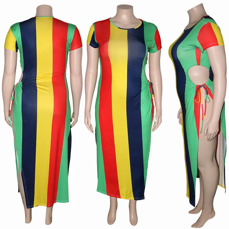 2021 new trendy Dresses women clubwear 4XL contrast color striped summer plus size sexy split maxi dress