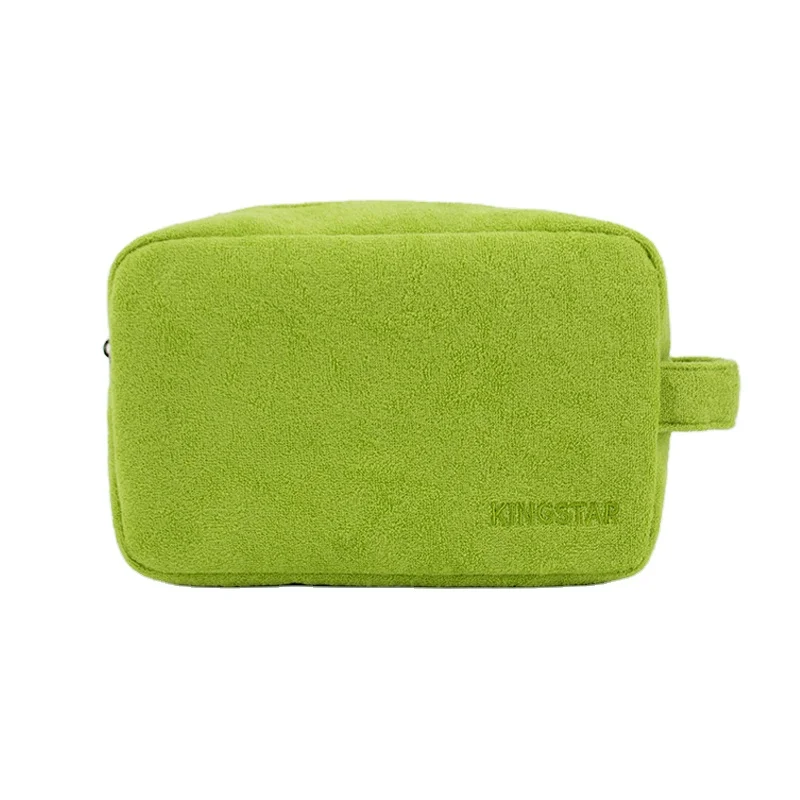 Custom Logo Zipper Soft Terry Cloth Fabric Women Cosmetic Makeup Make up Toiletry Pouch Bag with Handle