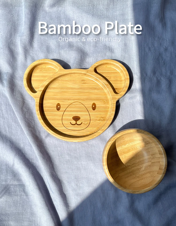 Bamboo Reusable Plate Baby Suction Reusable Animal Bear Shape Bamboo
