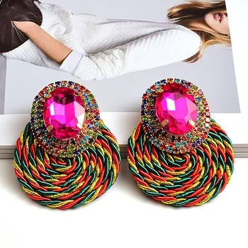 2021 Summer Ethnic Bohemian Handmade Braided Colorful Round Pendant Earring Personalized Retro Crystal Stud Earring