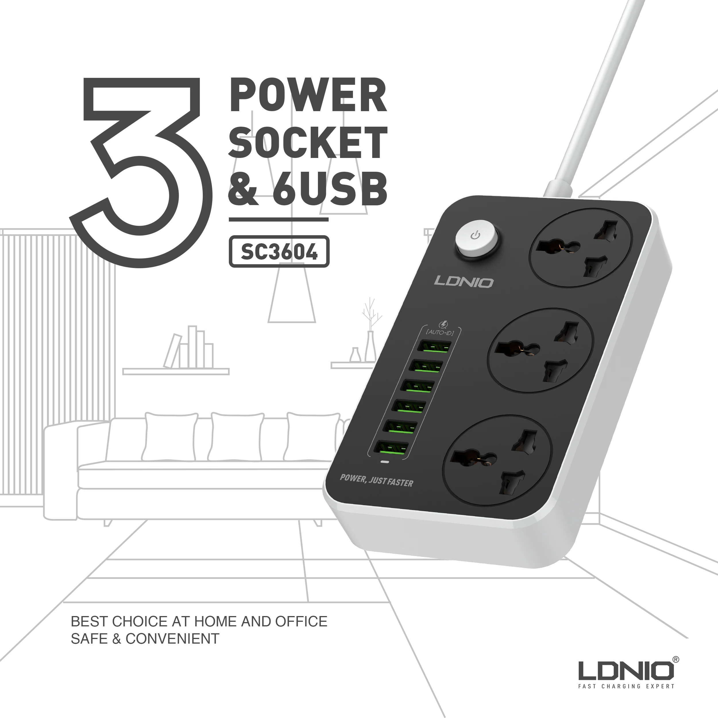 Классический 3-сторонний Универсальный удлинитель LDNIO SC3604 с 6 USB-портами, шнур питания длиной 2 метра