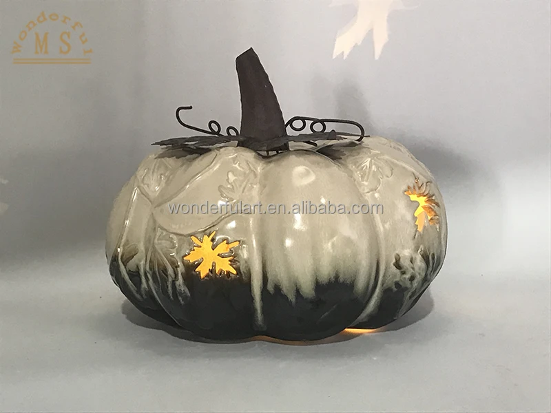 Ceramic black pumpkin ornament with led light porcelain statue for festival gift