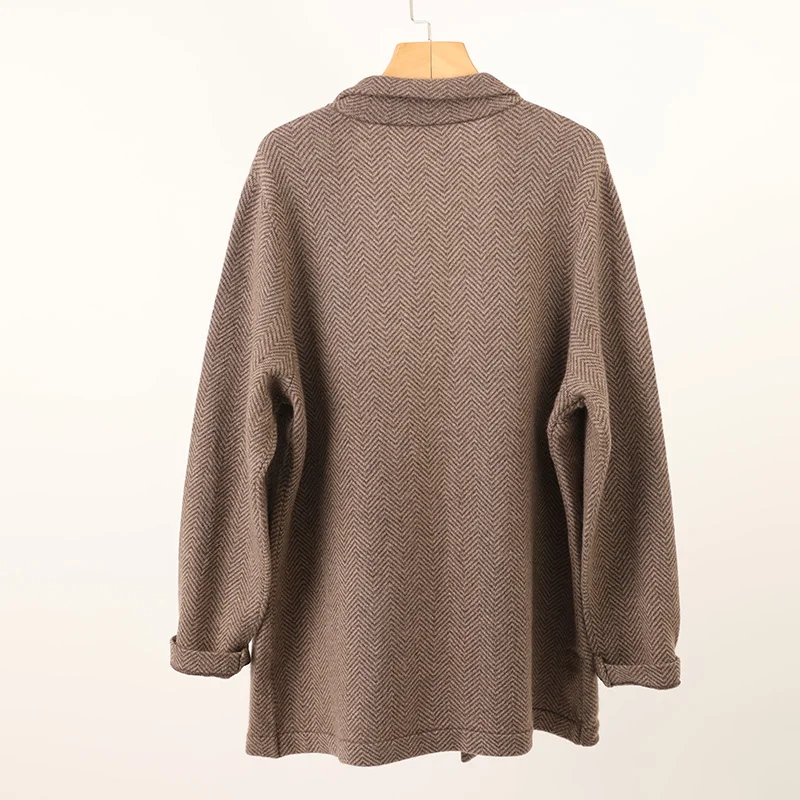 Turn Down Collar 100% Pure Cashmere Cardigan Custom Winter Herringbone Women Clothing Coat Suit
