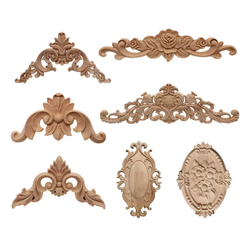 27x14cm Unpainted Wood Carved Onlay Applique – Flower Decal For Furniture Home Decor