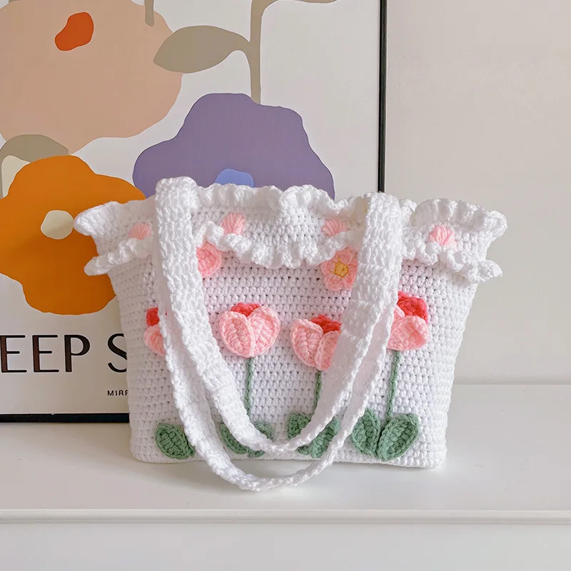 Tulip Flower Tote Bag Basket Hand Knitted Bag DIY Homemade Cloth