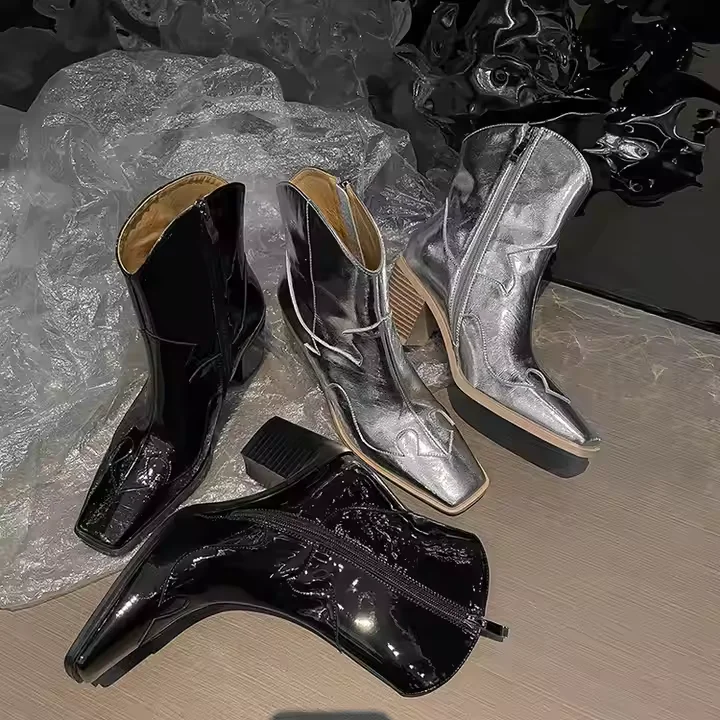 Genuine Leather Cowboy Short Boots Metallic Silver 7cm Block Heel Women Western Boot - Image 1