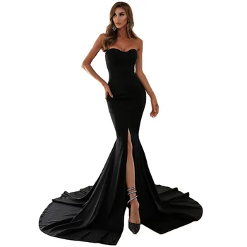 Sexy Strapless Long Black Maxi Dress Front Slit Bare Shoulder Red Women's Summer Night Gown Party Maternity Evening Dresses