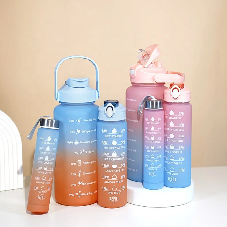 Large Capacity  2l Motivational Gradient Color 300ml 750ml 3 in 1 Set Gym Water Bottle With 2 in 1 Lid With Straw and Handgrip