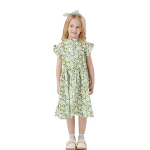 Kids Wear Wholesale Girls Clothes Fashion Pure Cotton Stand Collar Flying Sleeve Floral Girl Dresses for Girls
