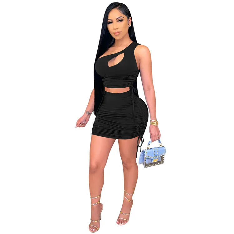 Sexy Ladies Street Outfits One Shoulder Tops Stacked Skirt Summer Women Two Piece Set