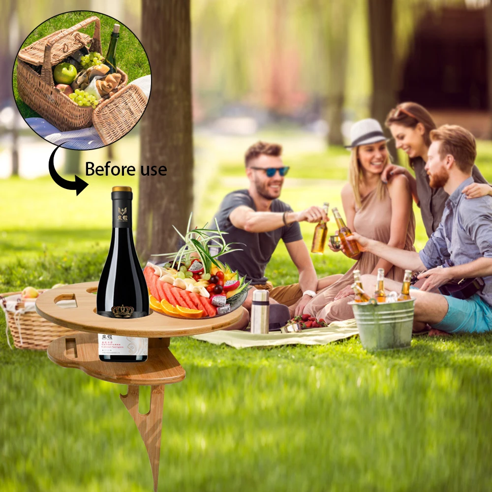Outdoor Wine Table Wooden Folding Wine Glass Rack Bottle And Glass Holder Round Desktop Foldable