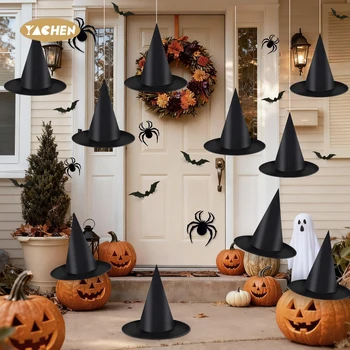 YACHEN Halloween Party Novelty Decorations 12Pcs Black Hanging Witch Hats Thickened Wizard Hat Bulk for Scary Party Supplies