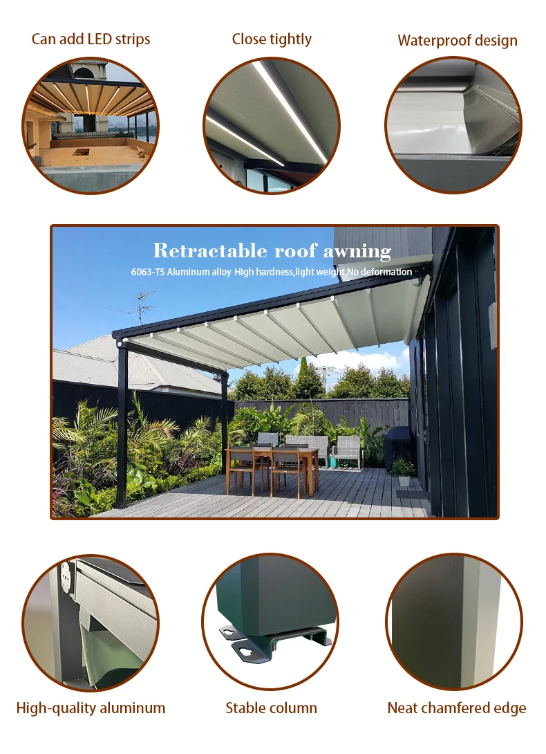 Outdoor Gazebo Awning System Metal Pvc For Swimming Pool Electric Retractable Roof