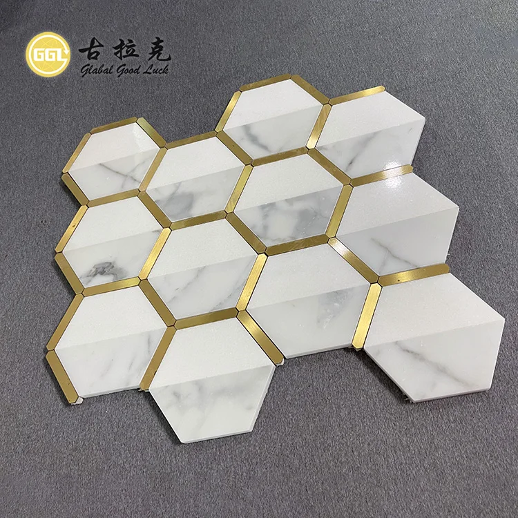 Natural Marble Mix Brass Hexagon Design Interior Decor Mosaic Tile details