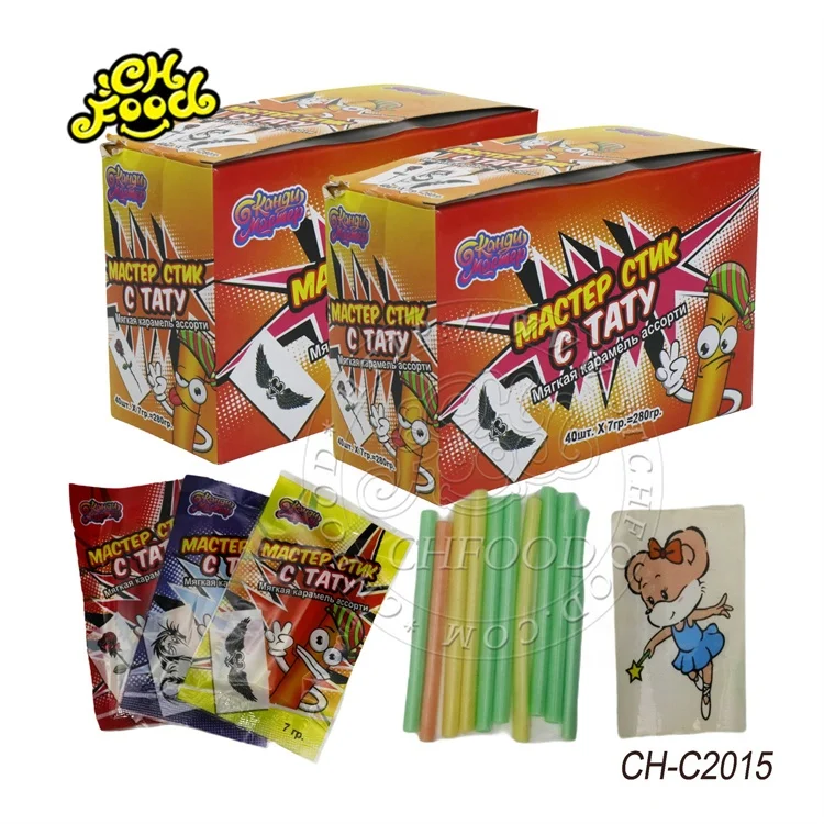 Halal Fruit Flavor CC Stick Candy Sour Powder Straw Candy with Cartoon Tattoo